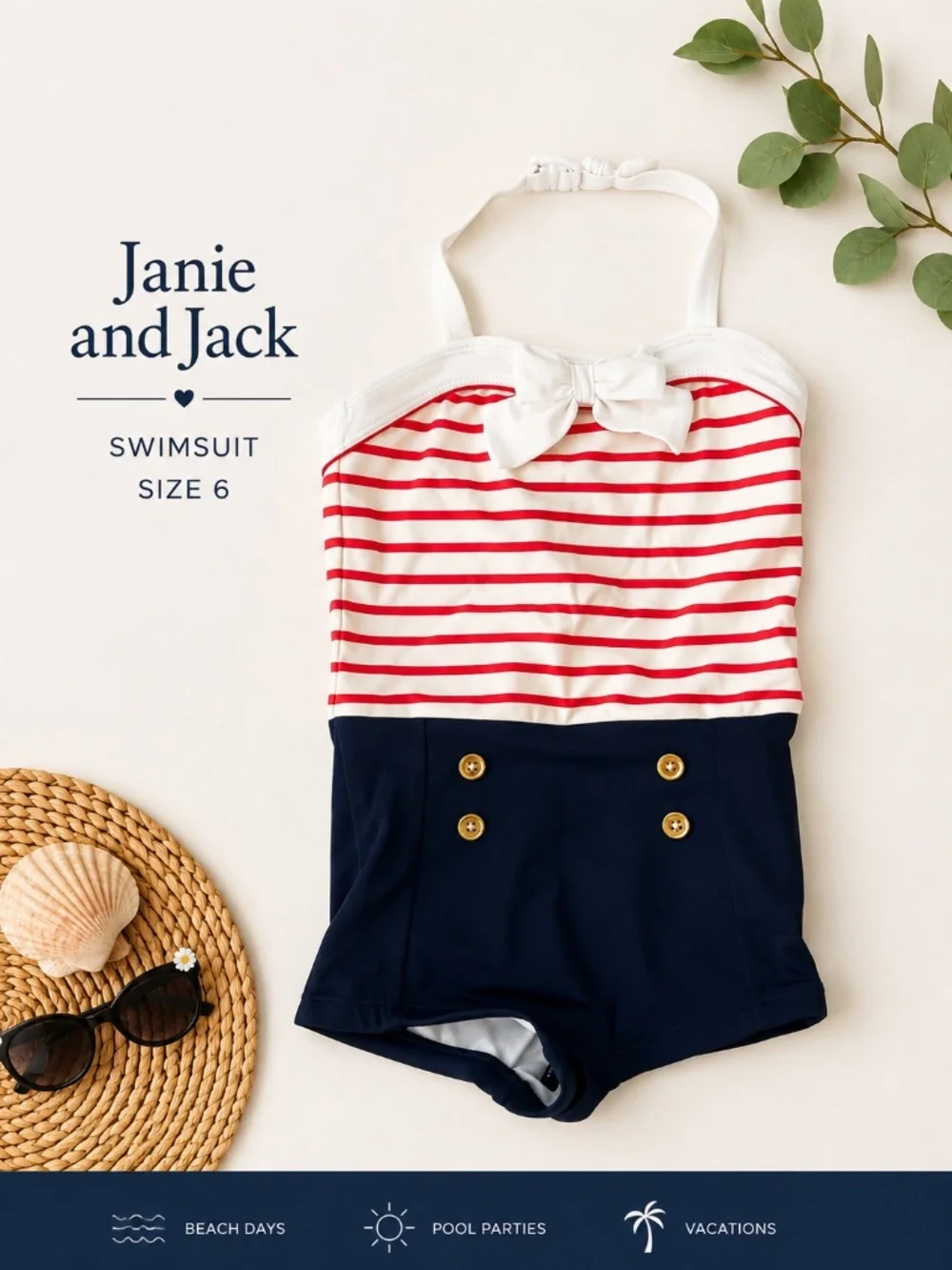 Janie and Jack Nautical One-Piece Swimsuit Girls Size 6 EUC